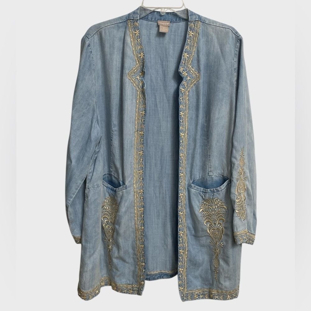 Chico's Womens Embroidered Chambray Duster Jacket 16/18 Washed Blue Boho Western